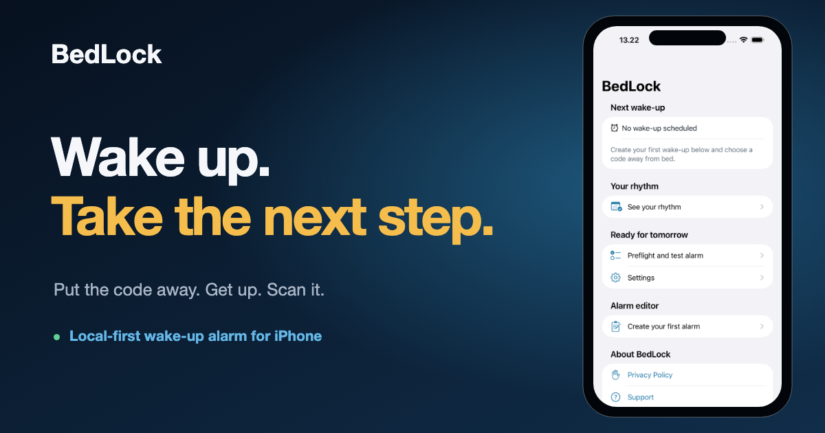 BedLock social preview card saying Wake up. Take the next step.