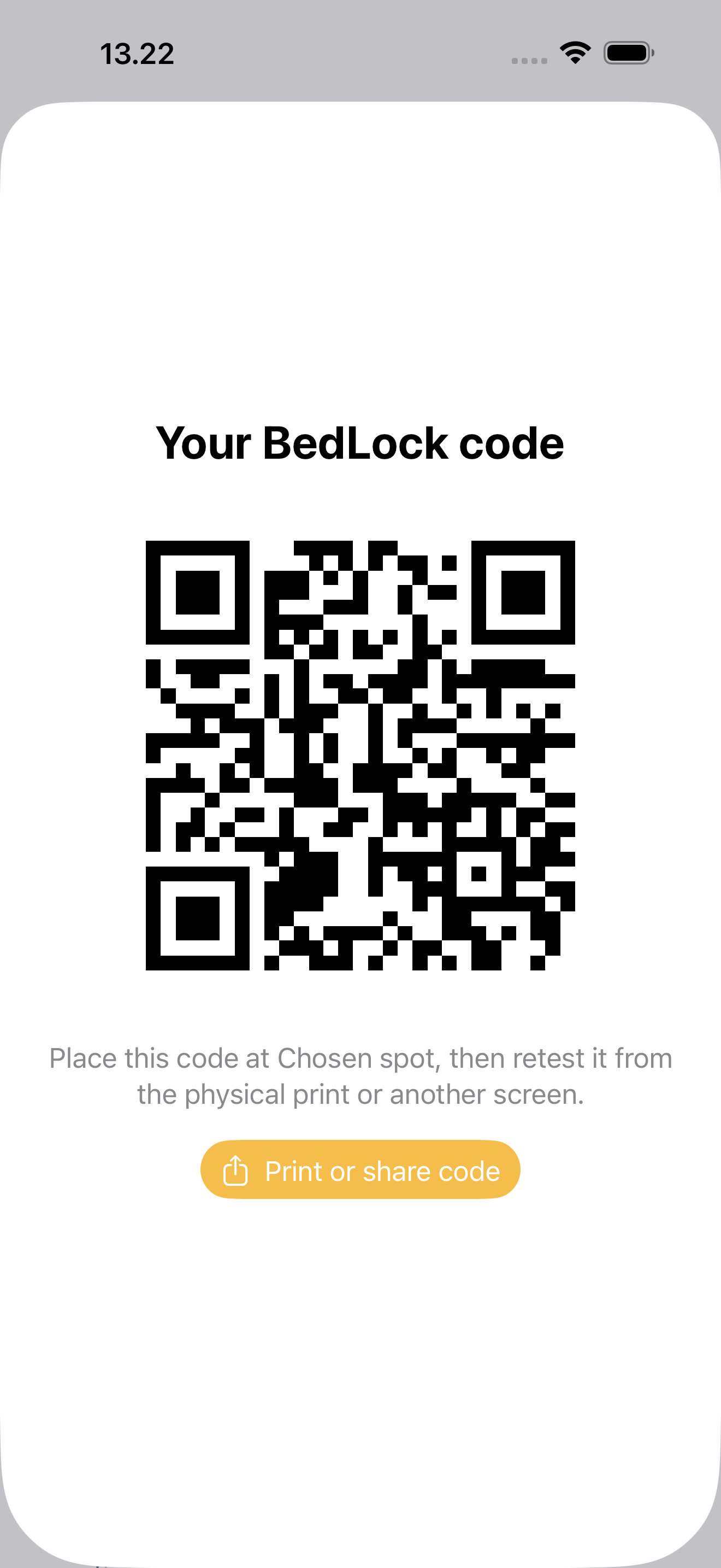 Generated BedLock QR code card with print or share action