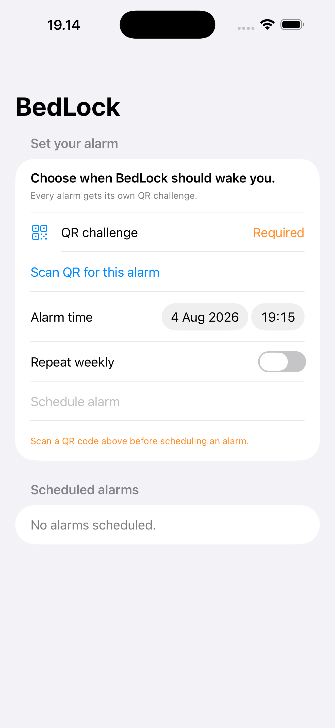 BedLock home screen showing alarm scheduling and QR challenge settings